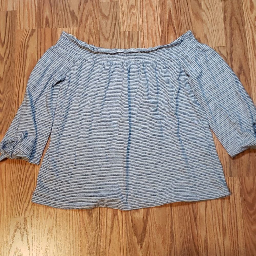 Lucky Brand Top, off shoulder, blue and white stripe